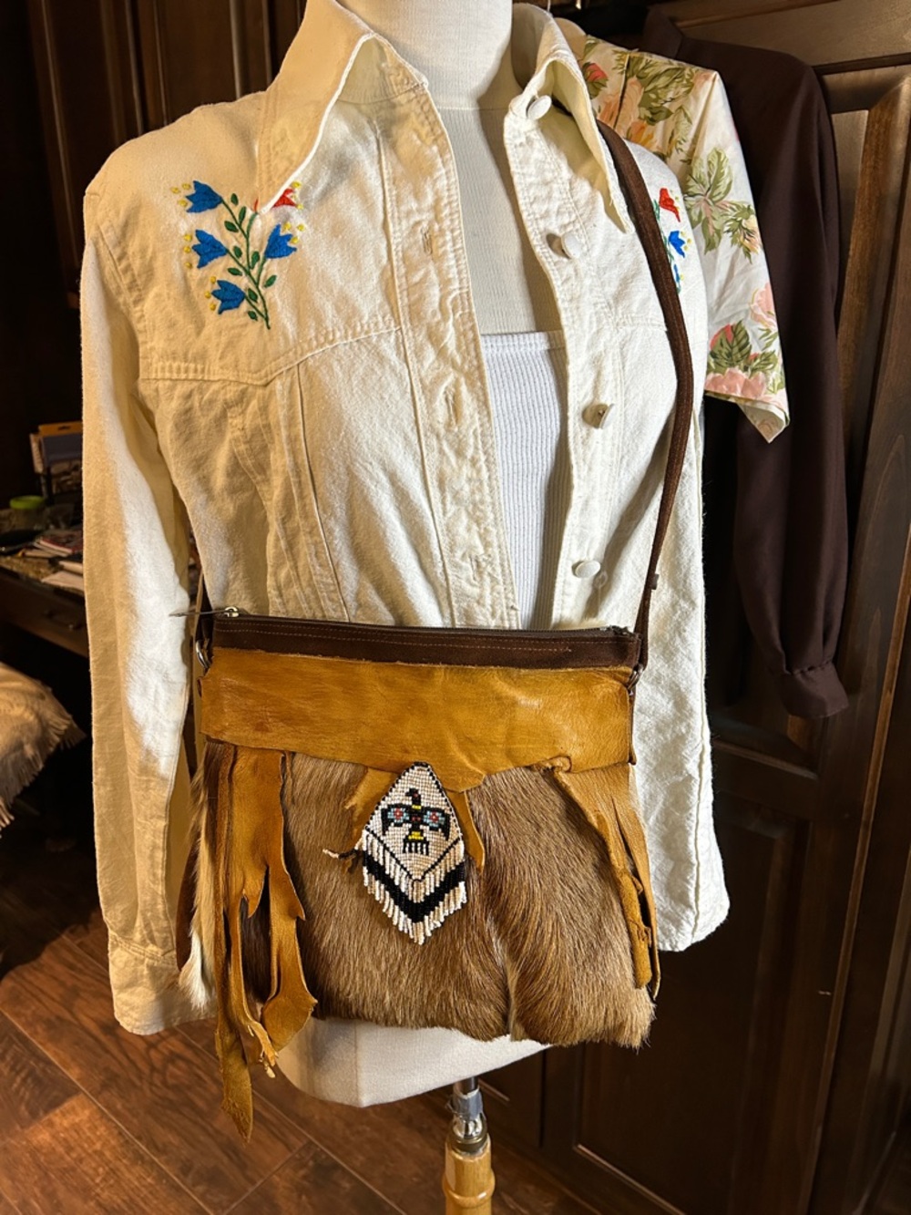 Handcrafted Native Tan Fringe Leather & Fur Crossbody Bag w Beaded Thunderbird